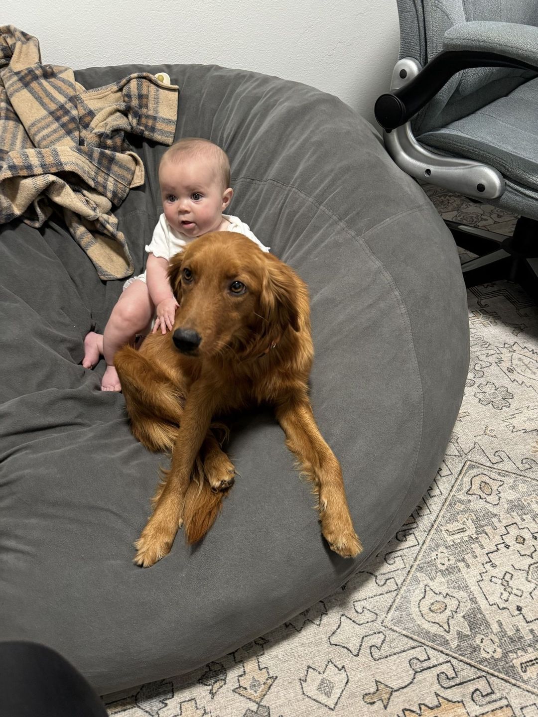 Nike resting on a bean bag next to a baby